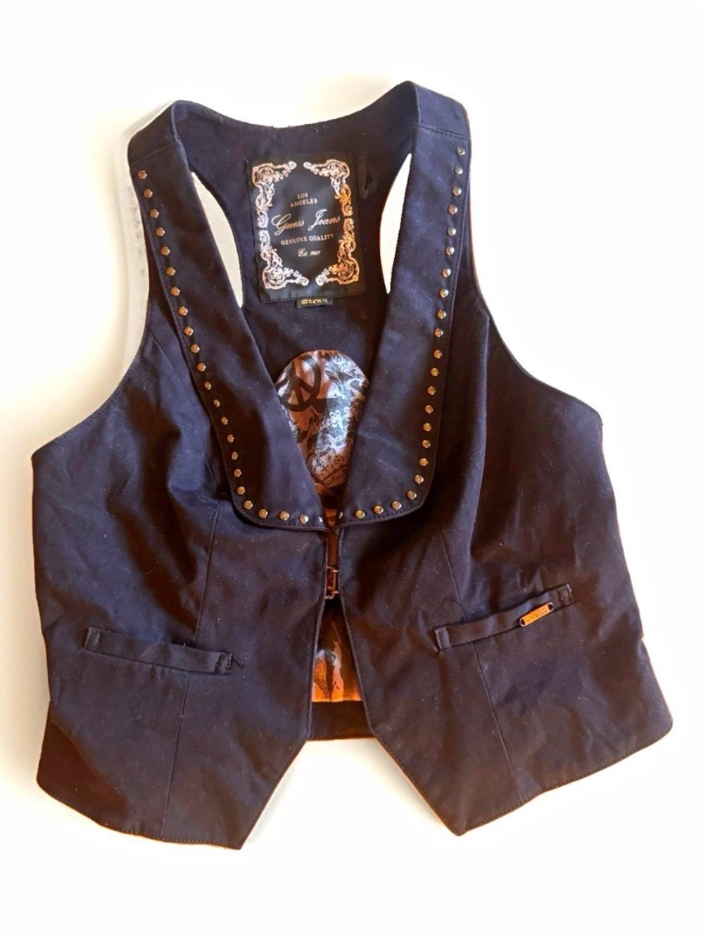 Vintage Y2K Guess Black Stud-Trim Vest with Decorative Lining